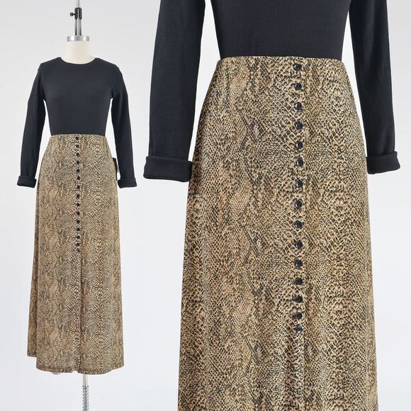 Vintage Dresses & Skirts - Vintage y2k Snakeskin Maxi Skirt Stretchy Long Skirt with Slit and Buttons S
